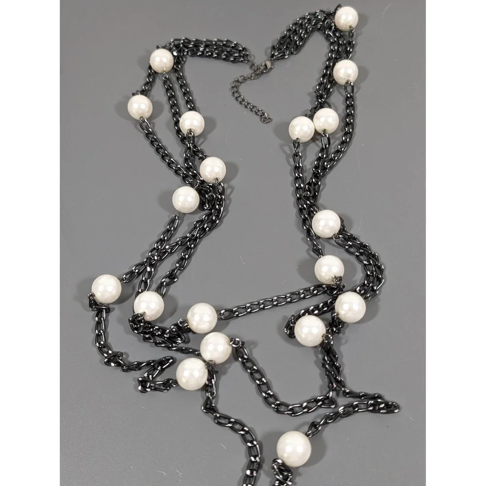 Gunmetal‎ Gray Multi Chain Faux Pearl Station Necklace Layered Long 31in